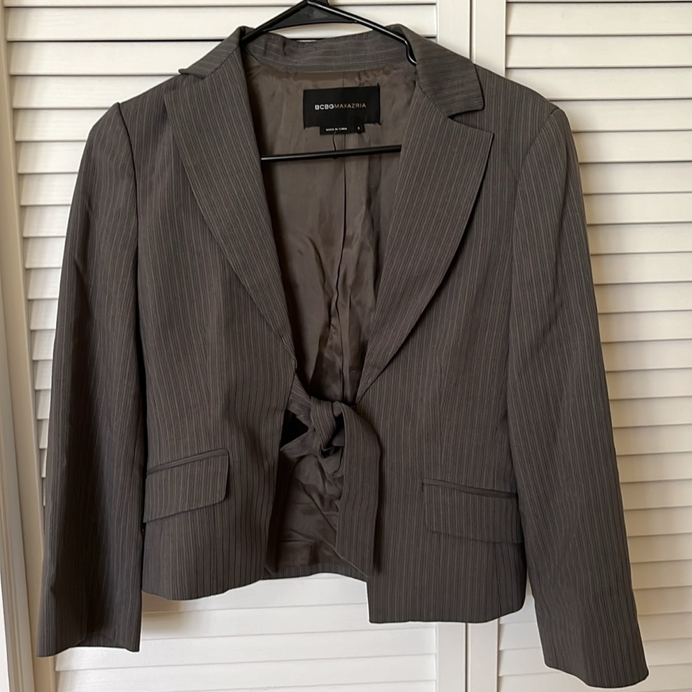 BCBGMAXAZRIA Lolita Cropped Taupe Pinstriped Tie Front Blazer